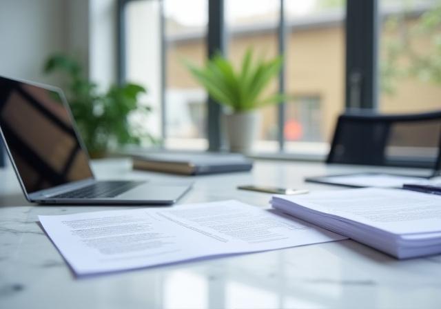 Modern workspace in London with legal documents and tech hardware