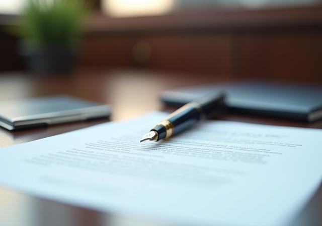 Close up of a luxury fountain pen on a legal document in a London office